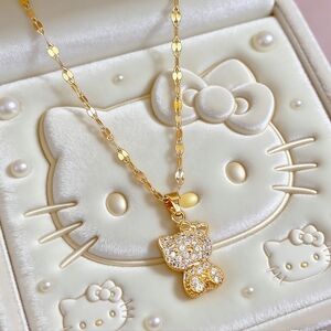 18k Gold Titanium Hello Kitty Iced Out Necklace Tarnish Free